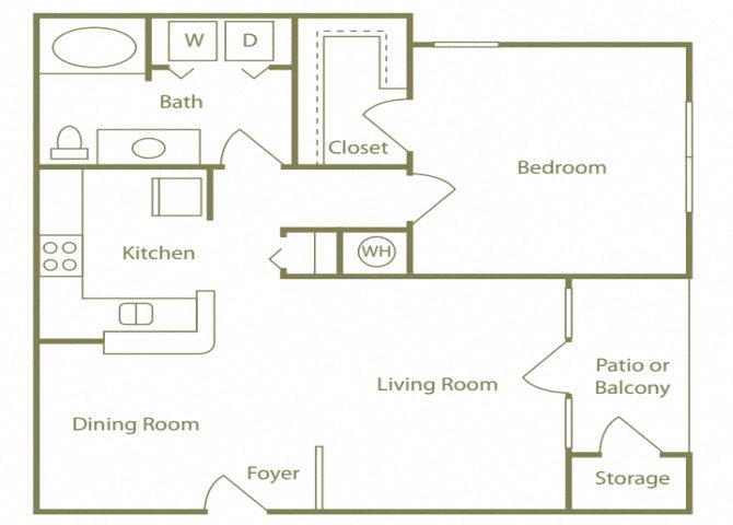 Floor plan for 1 bed, 1 bath, 846 sqft